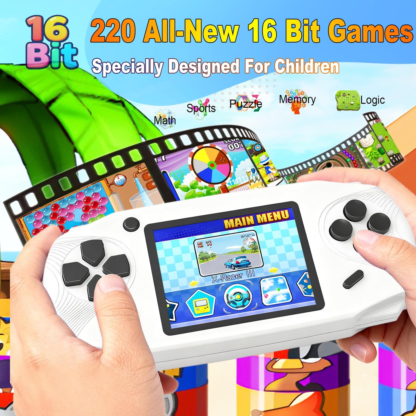 Beijue 16 Bit Handheld Games for Kids Preloaded 220 Retro Video Games, Red | 3.0" HD Screen, Rich Gameplay,USB-C Rechargeable, 6+Hrs Play, Portable Travel Toy for Car Flights,Boys Girls Birthdays Gift