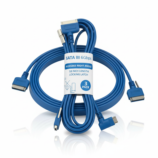 SATA Cable III 3-Pack Blue 6Gbps 90 Degree Right Angle with Locking Latch